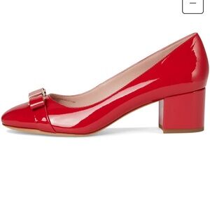 Kate Spade Red Patent Block Heel Pumps Size 7B Bow Toe Floor Sample